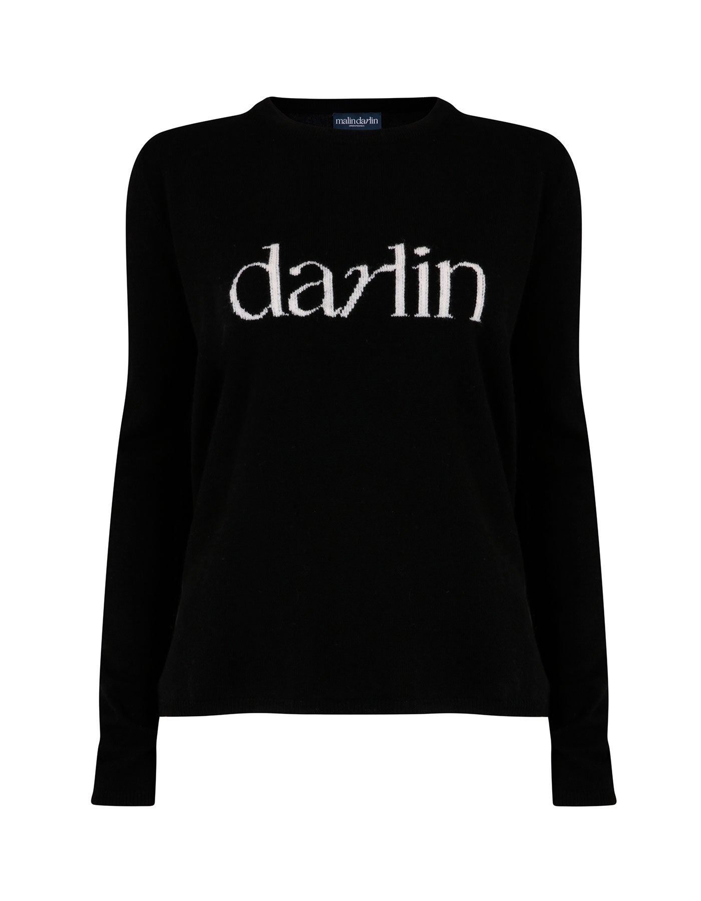 The malin darlin Darlin black cashmere jumper pictured against a white background.