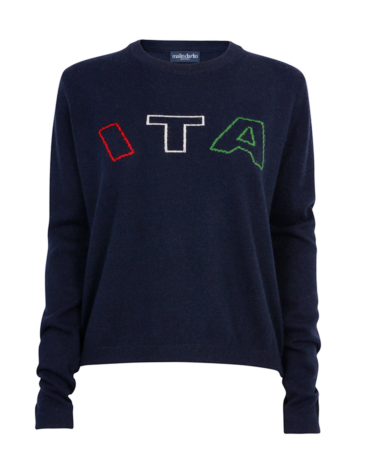 Malin darlin cashmere Knitwear, an ITA designer cashmere jumper, laid flat on a white background.