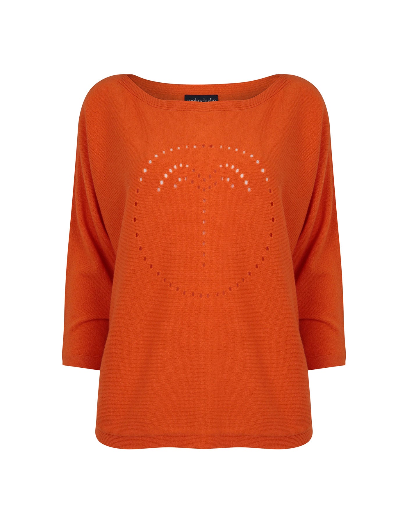 Photo of a palm jumper in orange, part of the malin darlin range of designer cashmere jumpers, on a white background.