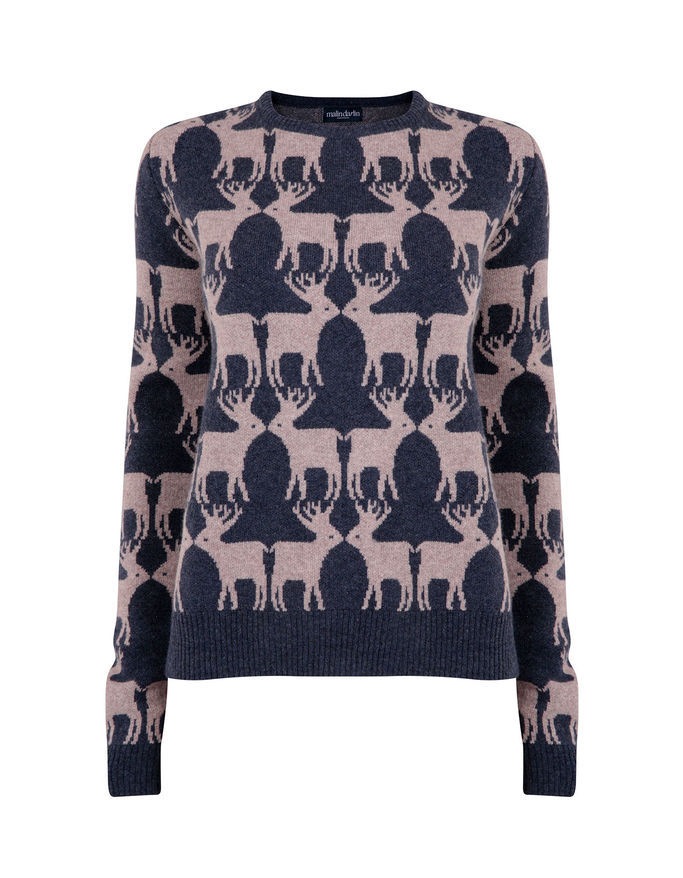 Image of a cashmere jumper with navy reindeers knitted into the design.
