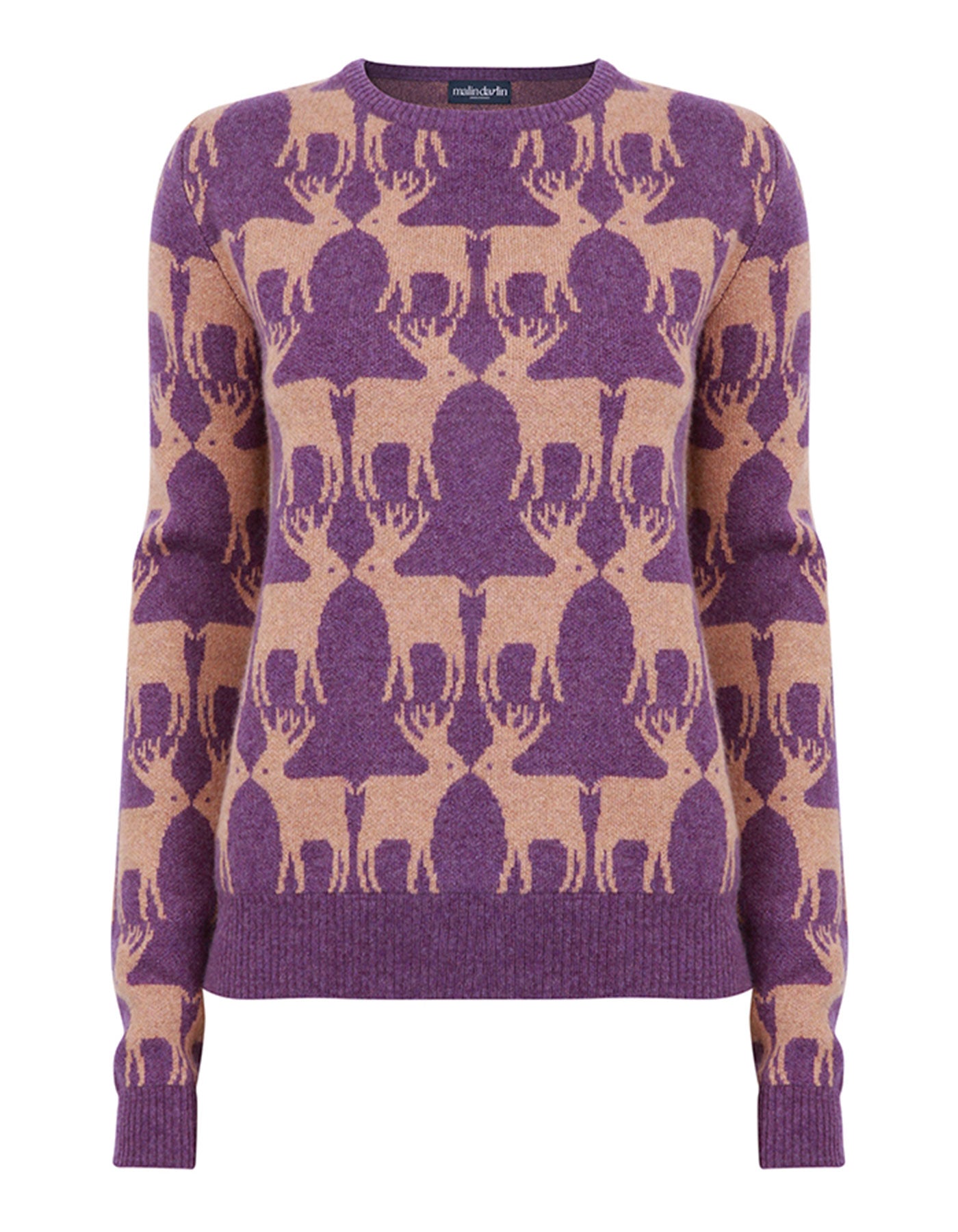 Cashmere knitwear, a malin darlin Reindeer purple cashmere jumper, laid flat on a white background.