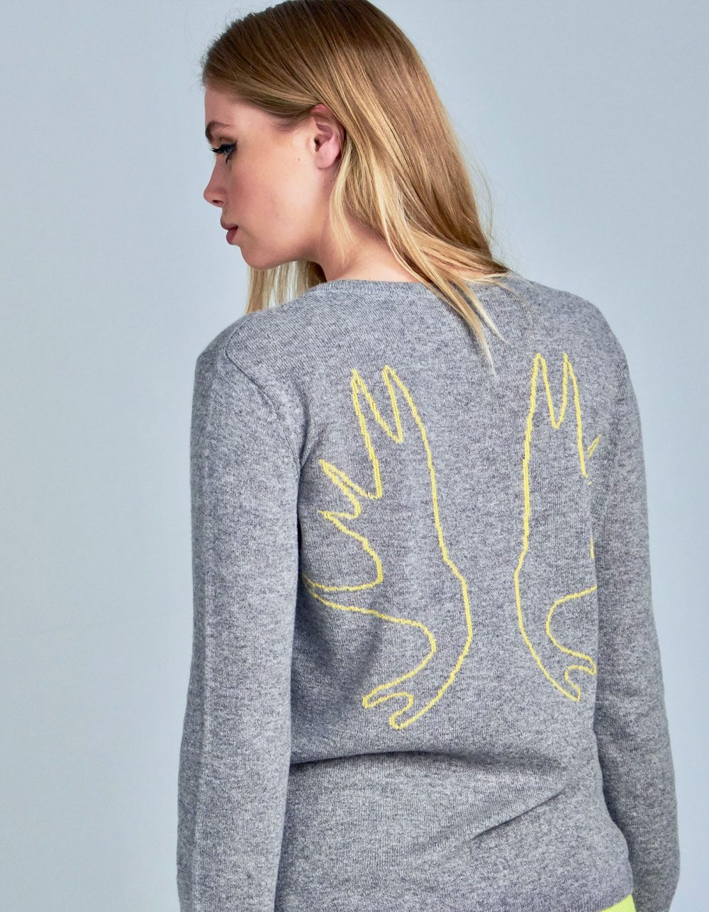 Back view of an Antlers cashmere jumper, part of the malin darlin designer cashmere knitwear collection.