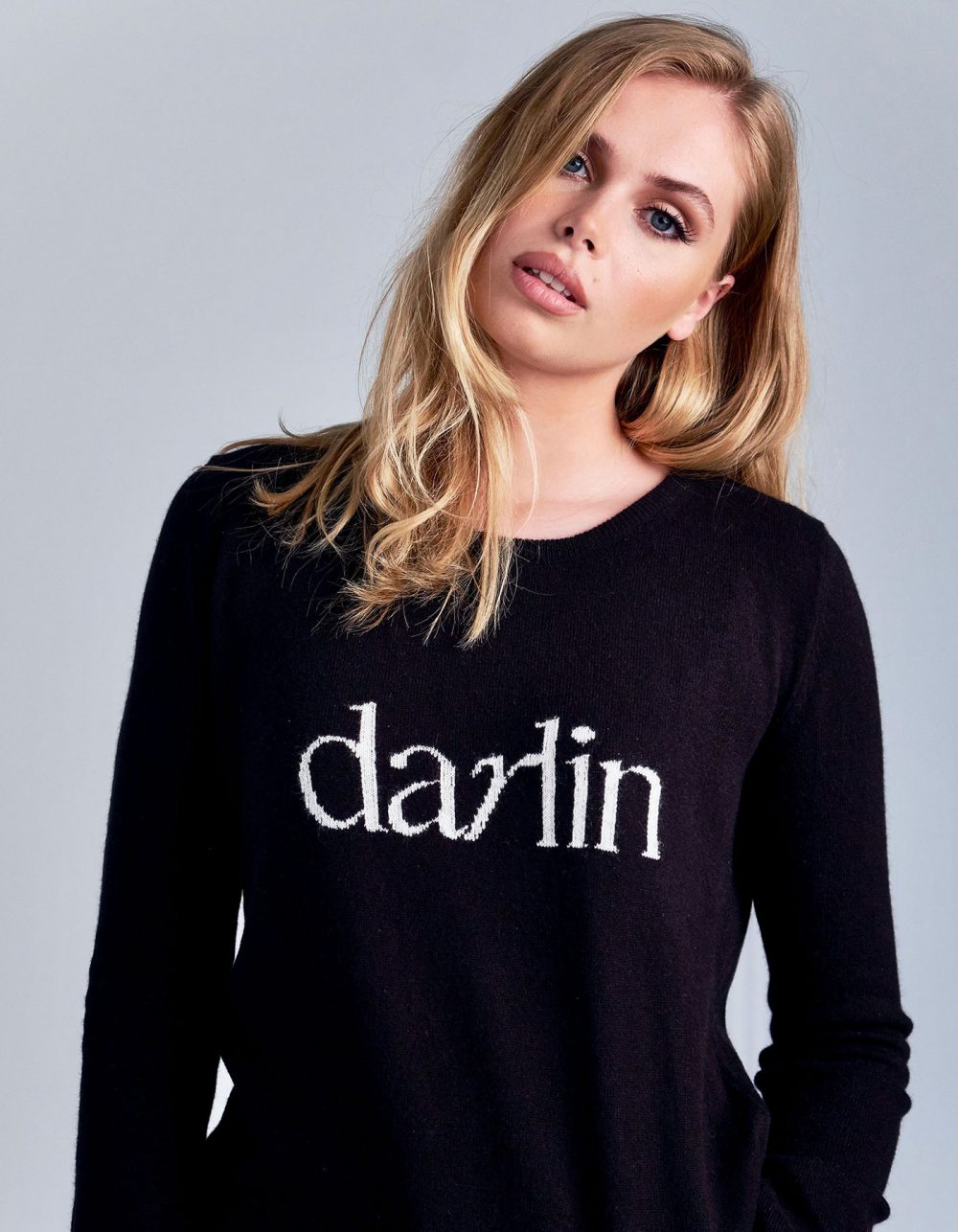 Model wearing womens cashmere, a malin darlin Darlin black cashmere jumper.