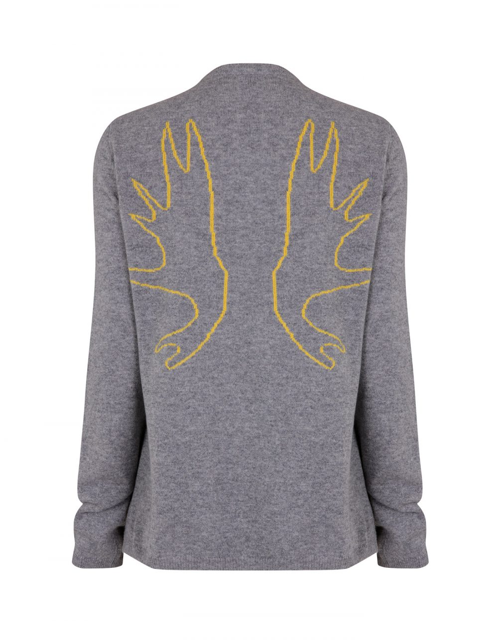 Studio image of the Malin Darlin cashmere jumper showing the antlers design knitted into the pattern.