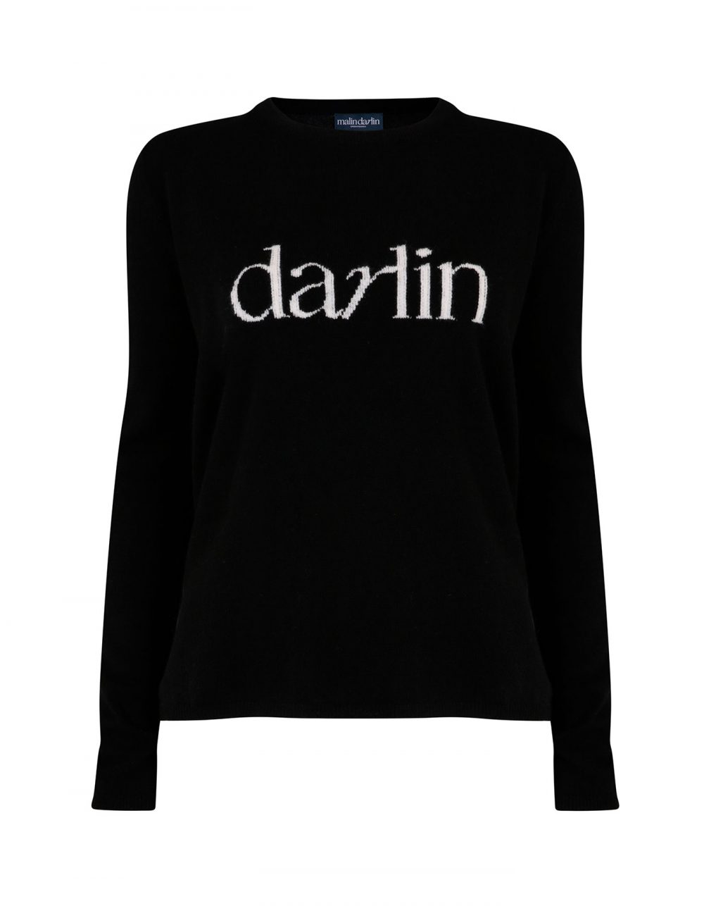 The malin darlin Darlin black cashmere jumper pictured against a white background.