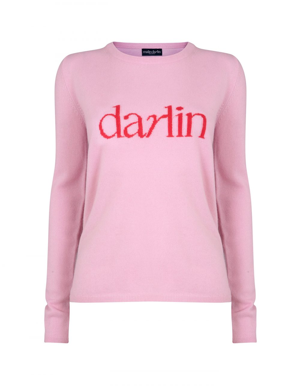 Photo of the malin darlin Darlin Pink designer cashmere jumper isolated on white.