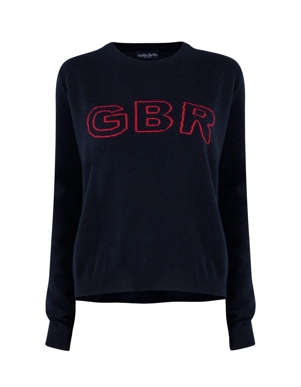 A GBR designer cashmere jumper, part of the malin darlin cashmere knitwear collection, isolated on a white background.