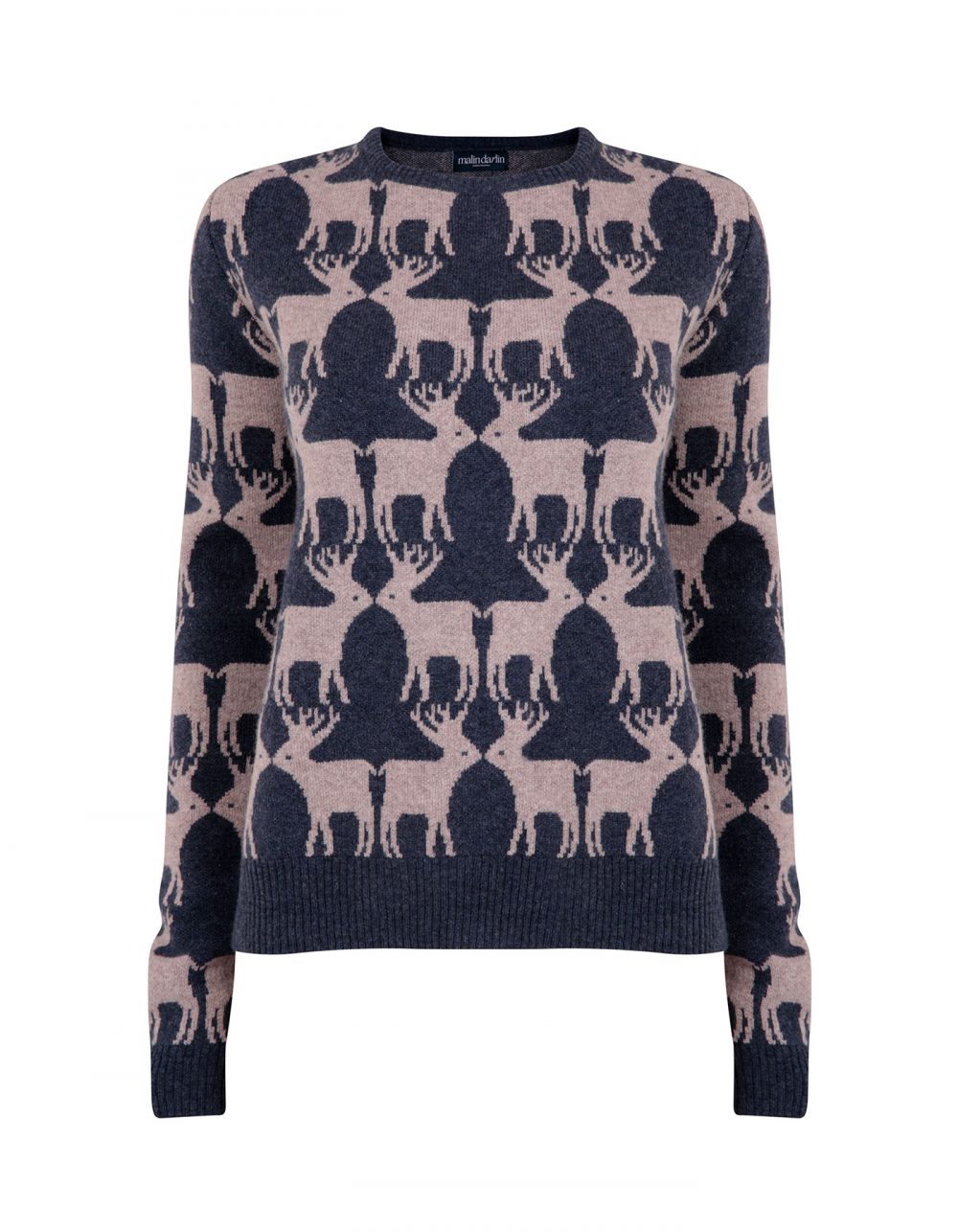 Image of a cashmere jumper with navy reindeers knitted into the design.