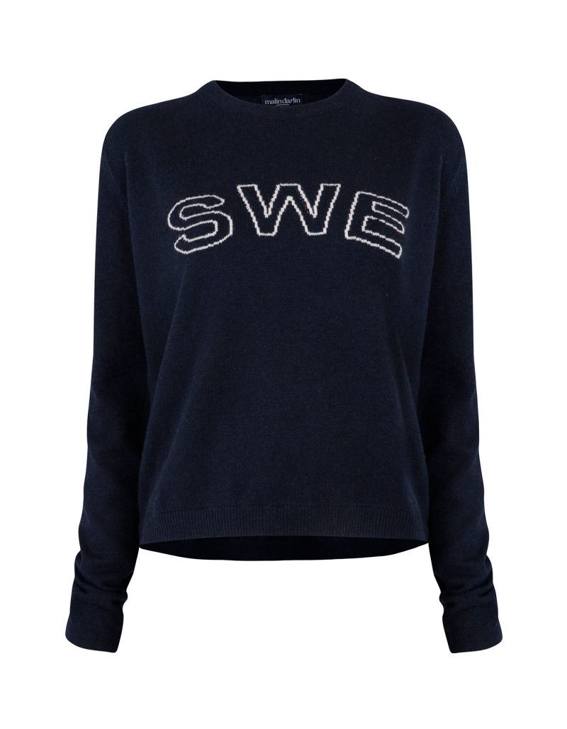 A SWE designer cashmere jumper, part of the malin darlin knitwear collection, isolated on white.