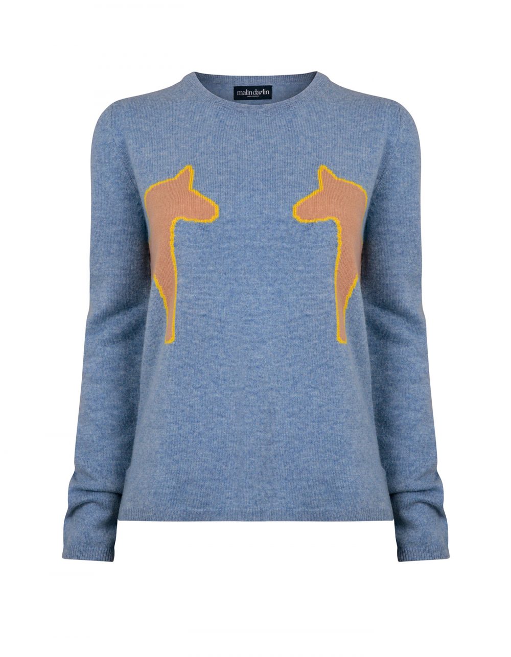 Image showing 2 pony blue cashmere jumpers, part of the malin darlin luxury cashmere, on a white background.
