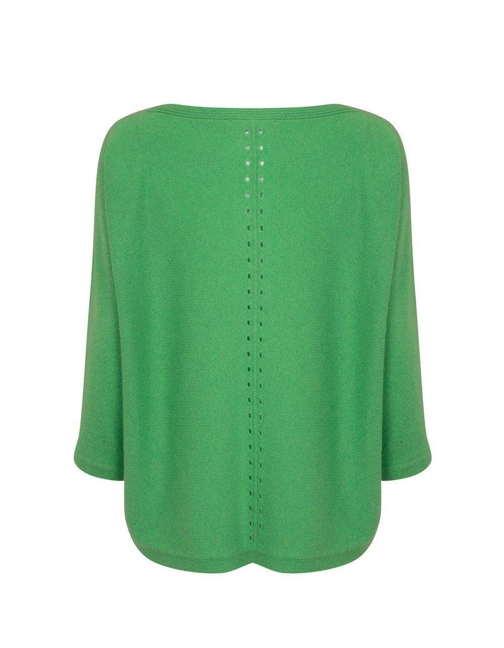 Back view of a palm jumper in green, part of the malin darlin range of designer cashmere jumpers, on a white background.