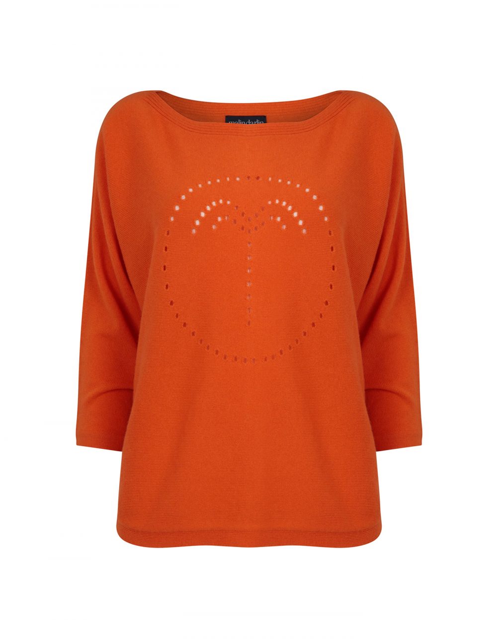 Photo of a palm jumper in orange, part of the malin darlin range of designer cashmere jumpers, on a white background.