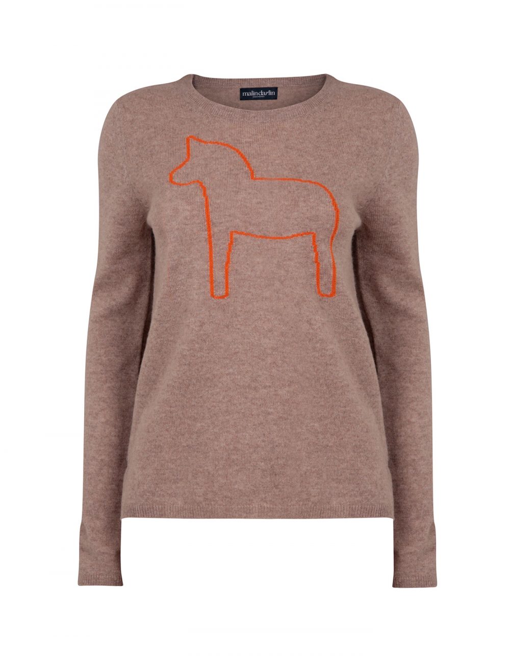 Photo of malin darlin Dalahast horse cashmere jumpers, a pony depicted on beige cashmere, against a white background.