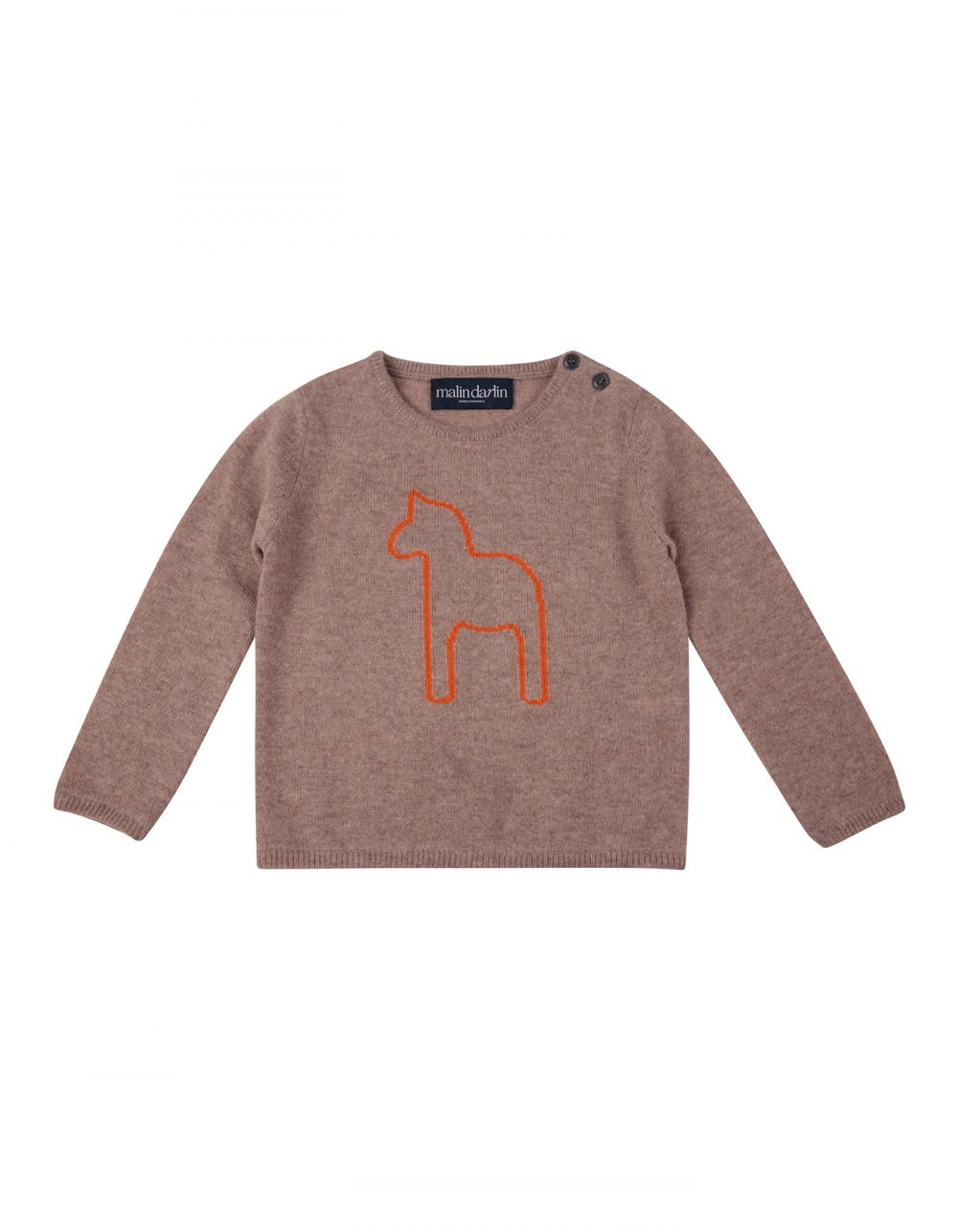 The malin darlin Baby Pony beige kids cashmere jumper pictured flat on a white backdrop.