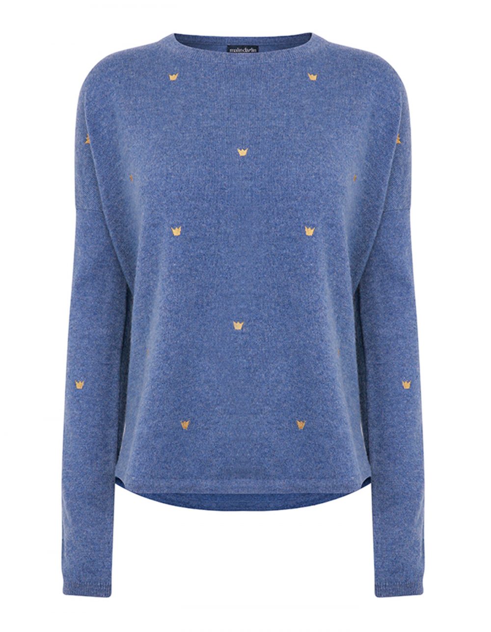 A photograph of the malin darlin Hundred Crowns blue cashmere jumper taken against a white background.