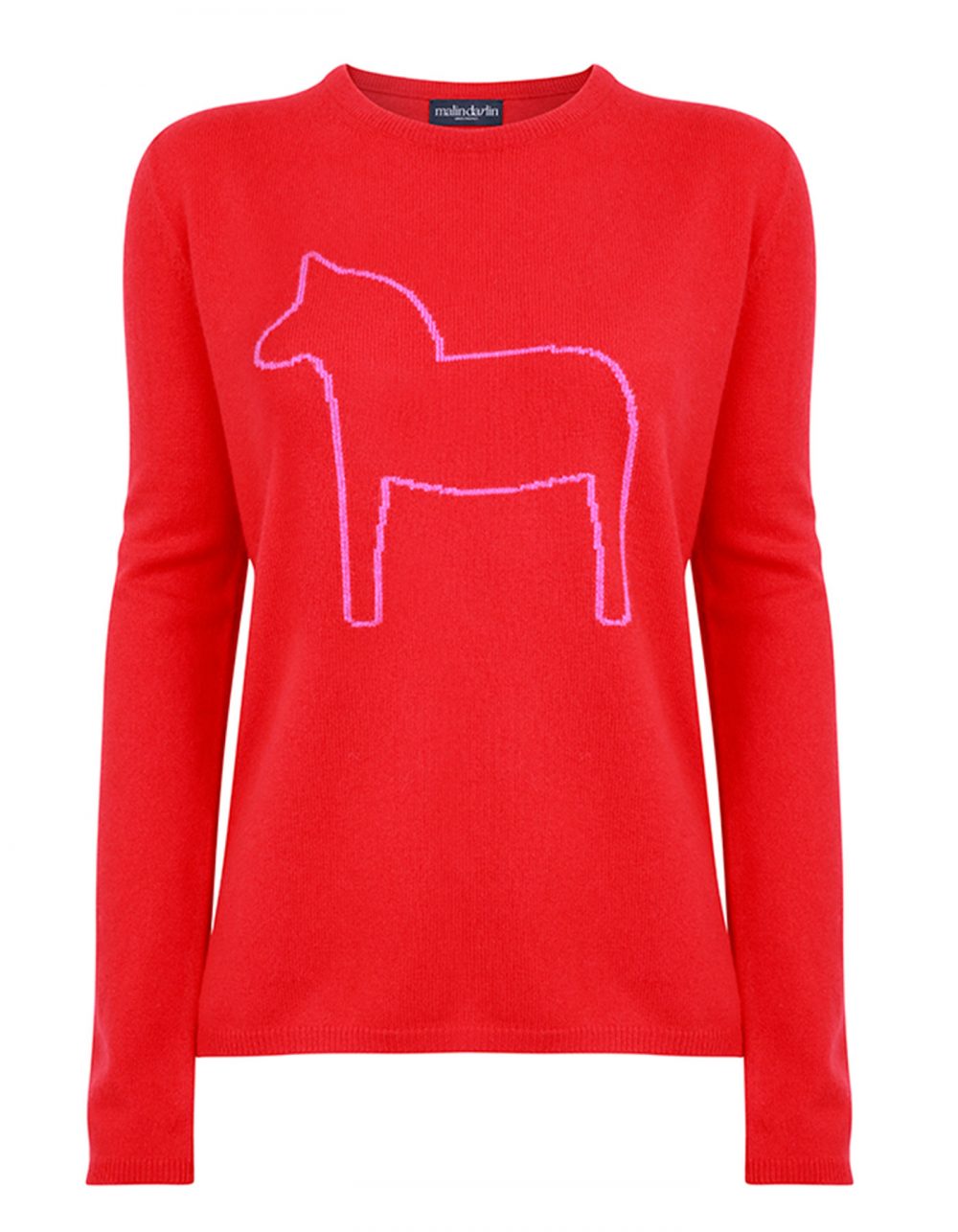 Photograph of malin darlin Dalahast horse cashmere jumpers, a pony depicted on red cashmere, against a white background.
