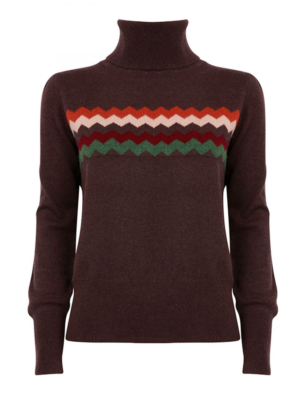 Image of malin darlin cashmere knitwear, the Zigzag chocolate cashmere jumper laid flat on a white background.