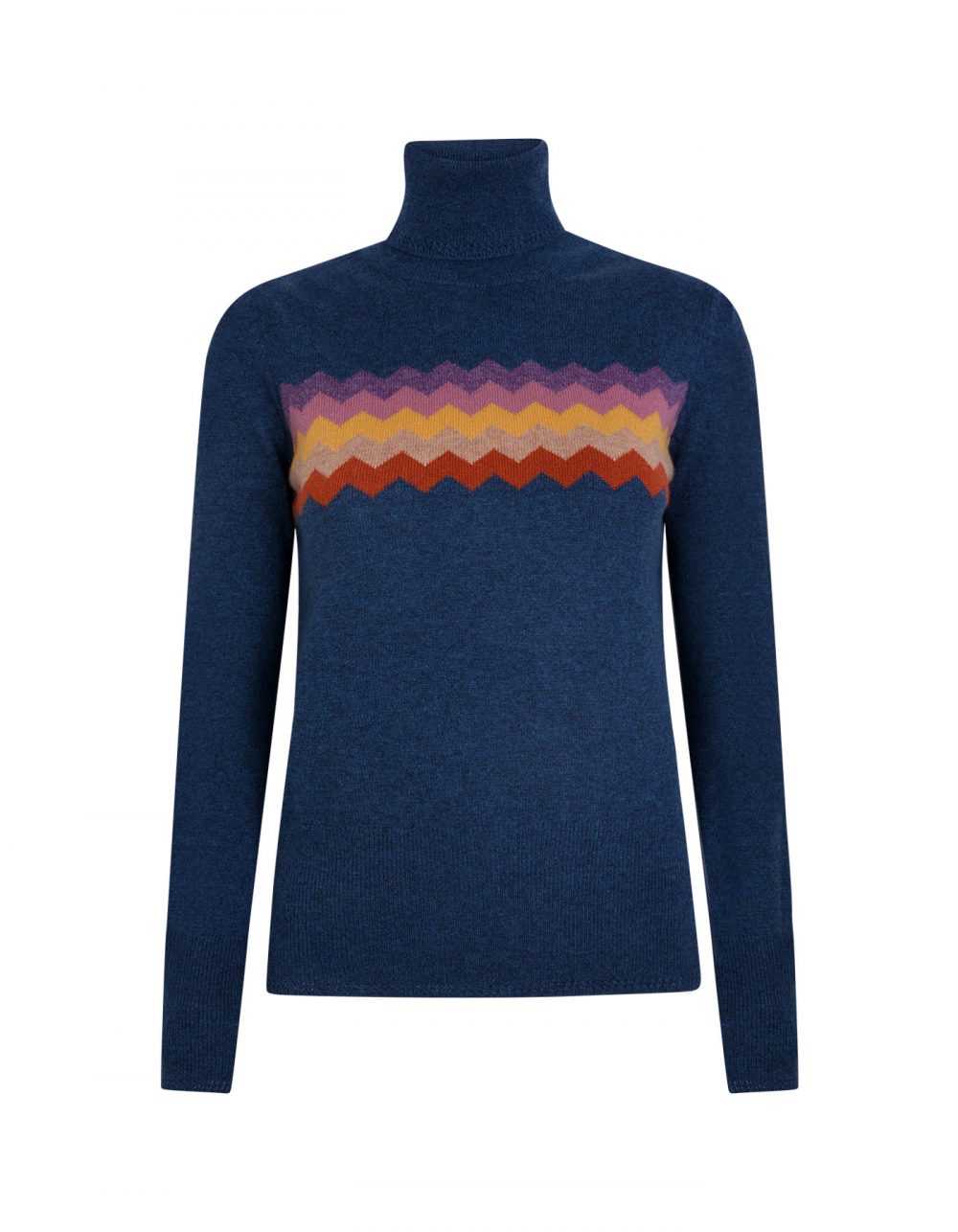 A blue cashmere jumper with a multi-coloured Zigzag pattern on the front.